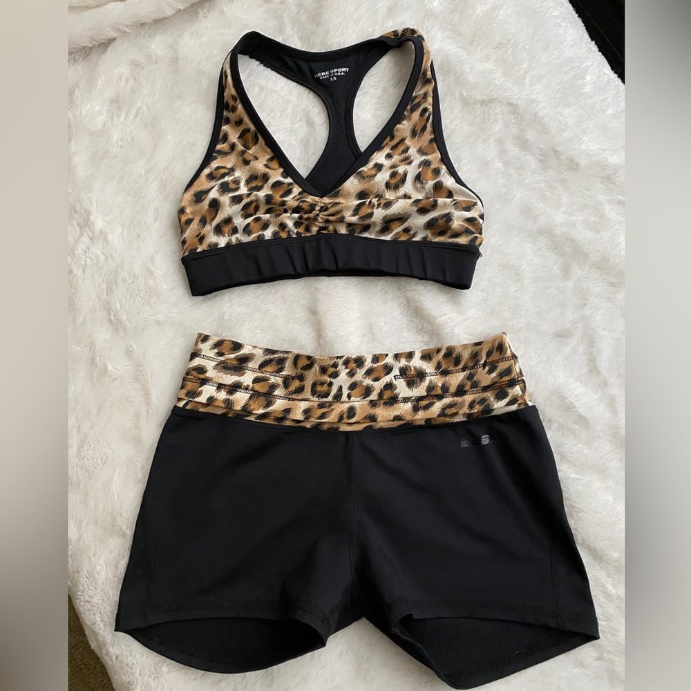 Bebe Sport Black & Leopard Print Sports Bra & Matching Athletic Shorts